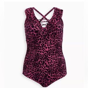 Torrid Vibrant Pink and Black Leopard ruffle one piece swimsuit